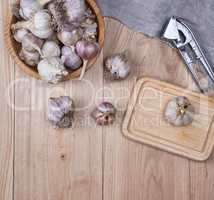 unpeeled fresh garlic fruits in wooden bowl