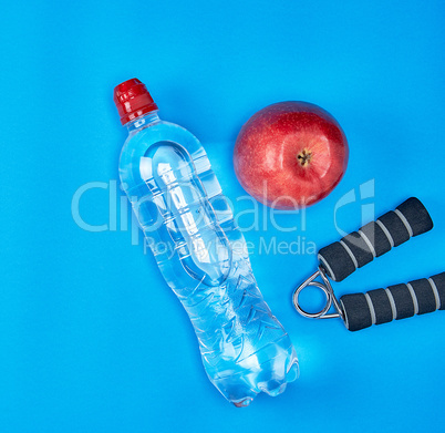 plastic water bottle, red ripe apple and sports expander