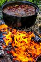 Cooking soup in a pot on campfire.