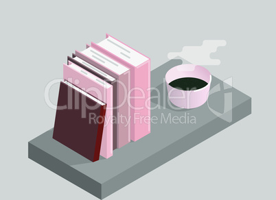 The vector illustration of books and a cup of coffee. Isometric illustration.