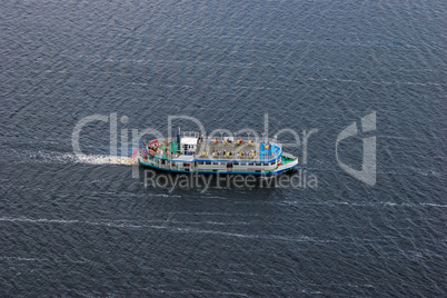 Aerial view of cruise ship in river.