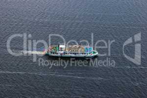 Aerial view of cruise ship in river.