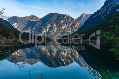 Lake Plansee in the Alps of Austria on a day in autumn