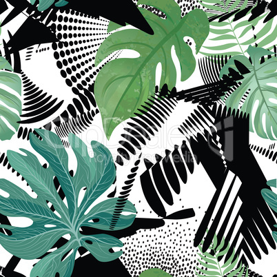 Floral seamless pattern. Tropical leaves over abstract painting