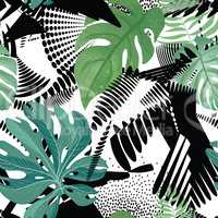Floral seamless pattern. Tropical leaves over abstract painting