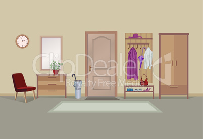 Home hallway interior view with door. Modern room with hall furniture