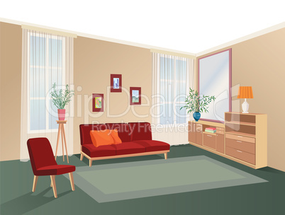 Lliving room interior with furniture: sofa, shelving, table.