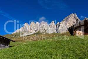 view of Sella group and Gardena pass or Grodner Joch, Dolomites, Italy
