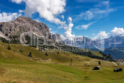 view of Sella group and Gardena pass or Grodner Joch, Dolomites, Italy