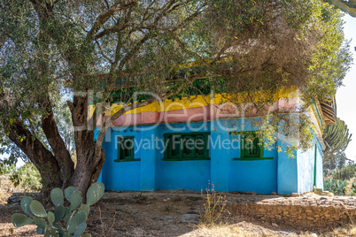 Blue house near the orthdox christian Wukro Cherkos, Ethiopia, Africa