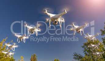 Dozens of Drones Swarm in the Clear Sky