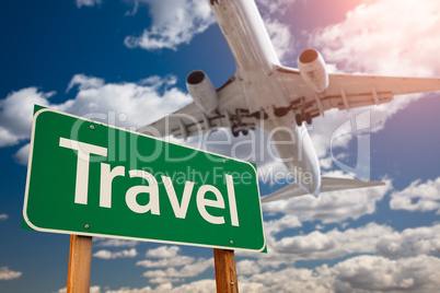 Travel Green Rodd Sign with Airplane Flying Above