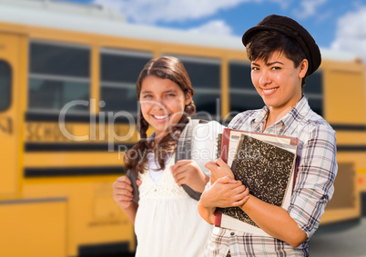 Young Mixed Race Female Students Near School Bus