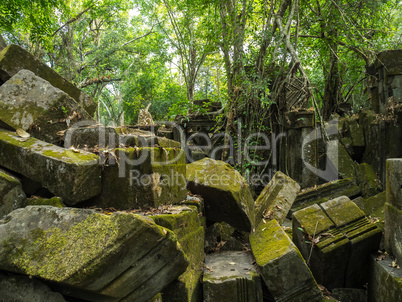 Ruins of ancient Beng Mealea Temple over jungle, Cambodia.
