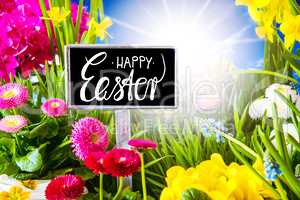 Sunny Spring Flower Meadow, Calligraphy Happy Easter