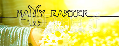 Child, Bouquet Of Daisy Flower, Calligraphy Happy Easter