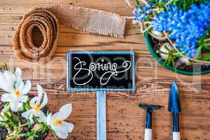 Spring Flowers, Sign, Calligraphy Spring, Wooden Background