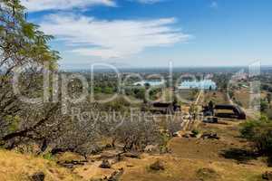 Plumeria flower trees at the ruins of the Vat Phou Khmer temple, Laos