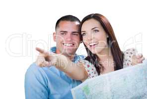 Young Military Couple Looking at Map Isolated on White