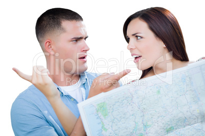 Young Lost and Confused Military Couple Looking at Map Isolated