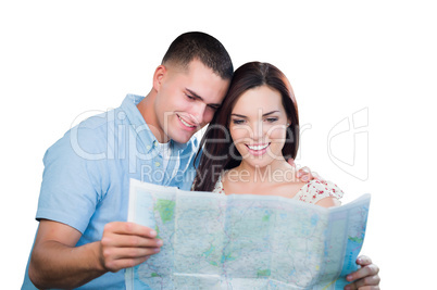 Young Military Couple Looking at Map Isolated on White