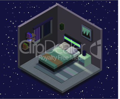 Isometric bedroom illustration. Vector flat illustration.