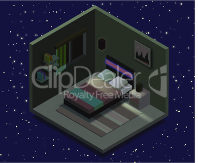 Isometric bedroom illustration. Vector flat illustration.