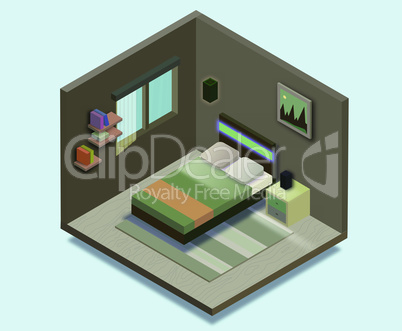 Isometric bedroom illustration. Vector flat illustration.