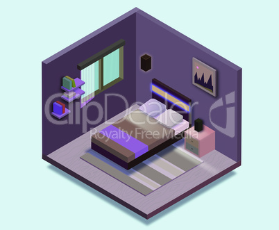 Isometric bedroom illustration. Vector flat illustration.