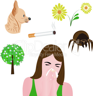 A sneezing girl. Allergy Infographic indicating different kinds of allergens