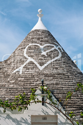 Symbol in the Trullo conical rooftop in Alberobello, Apulia, Ita