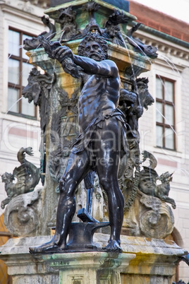 Fountain and art sculpture in Residenz Munich place in Munich, Germany