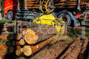 Crane loading logs in the truck.