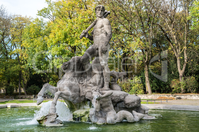 The Neptune Fountain in Alter Botanical Garden of Munich, Germany