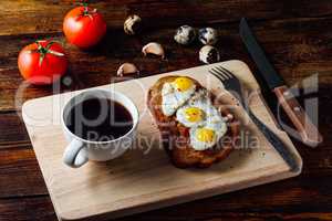 Bruschetta with Fried Eggs and Coffee Cup