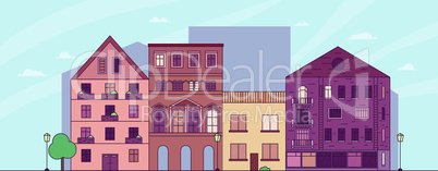 Vector flat cartoon panorama - cityscape with clouds