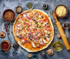 Tasty pizza and food ingredients