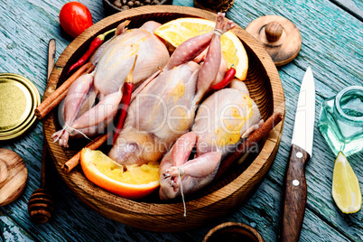 Raw quail in wooden bowl