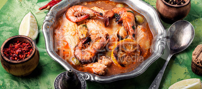Seafood soup with prawns and mussels