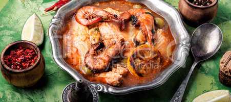 Seafood soup with prawns and mussels