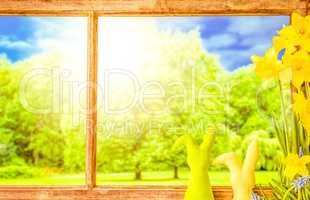 Rustic Wooden Window, Easter Bunny, Sunny Trees, Spring Flowers