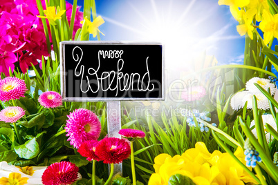 Sunny Spring Flower Meadow, Calligraphy Happy Weekend