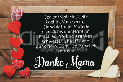 Chalkbord, Red And Yellow Hearts, Calligraphy Danke Mama Means Thank You Mom