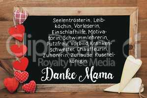 Chalkbord, Red And Yellow Hearts, Calligraphy Danke Mama Means Thank You Mom