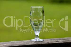 Empty glass of beer on green nature background.