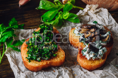 Italian Snack Bruschetta with Mushrooms and Greens