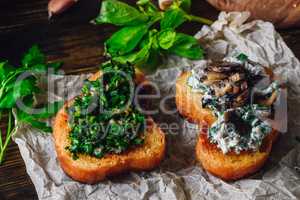 Italian Snack Bruschetta with Mushrooms and Greens