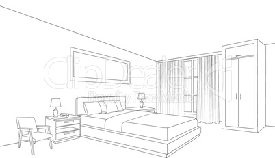 Bedroom furniture interior. Room line sketch drawing. Home Indoor design. Perspective of a interior space
