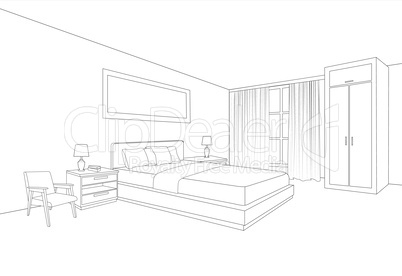 Bedroom furniture interior. Room line sketch drawing.