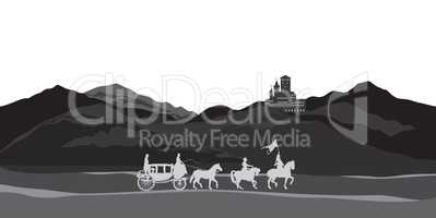 Rural nature background with castle, carriage, knight. Mountains Landscape.